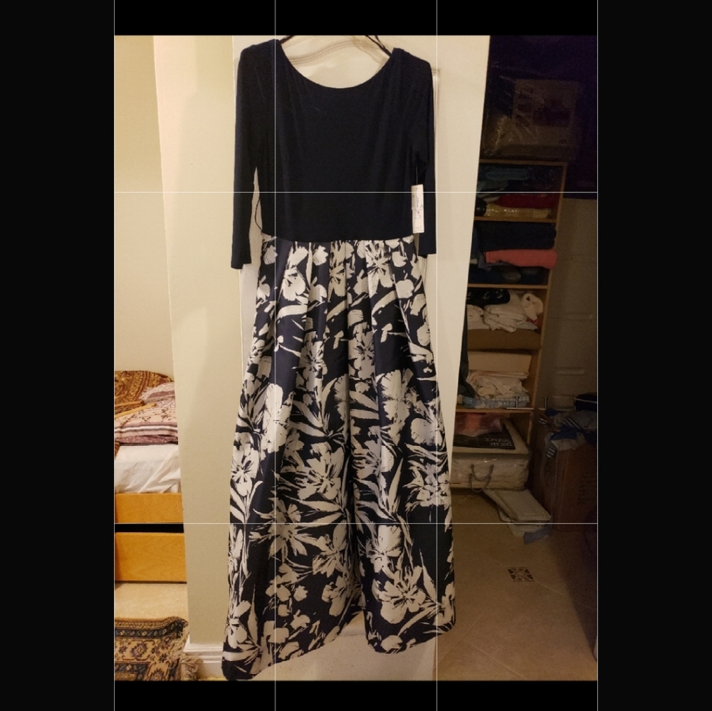 3/4 sleeve navy gown with silver embellishments